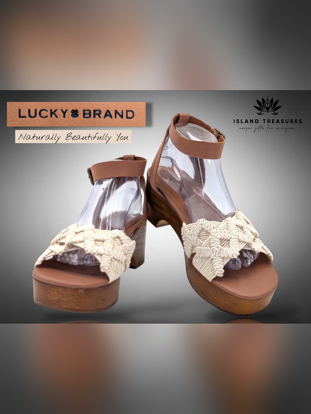 Lucky Brand Macrame Sz 9.5M Tan/Cream Platform Sandals Ankle Strap Brass Buckles